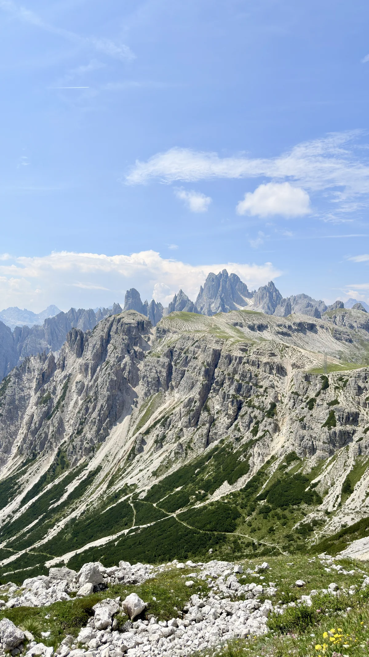 View of the Cadini di Misurina mountains along the Tre Cime di Lavaredo circular trail, in the Dolomites