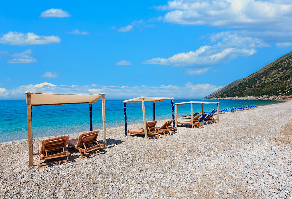 View of the Albanian Riviera coastal road heading towards Saranda, Albania