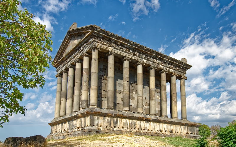 Garni Temple with classical Hellenistic columns on top of a cliff, Kotayk region, Armenia