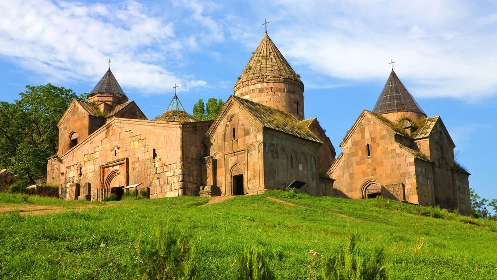 Goshavank Monastery with medieval stone buildings and architectural details, Dilijan region, Armenia