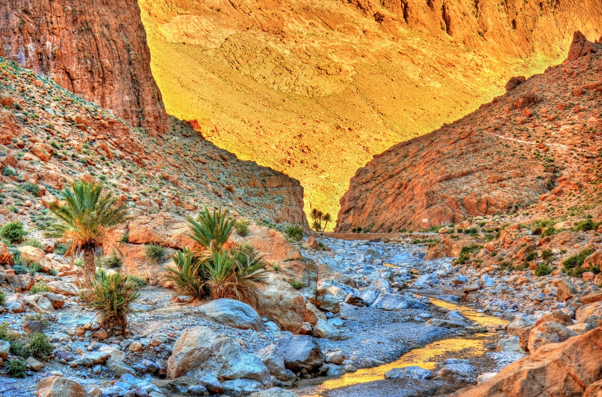 Paredes rochosas altas das Gargantas do Todra com cânion estreito e impressionante, sul do Marrocos