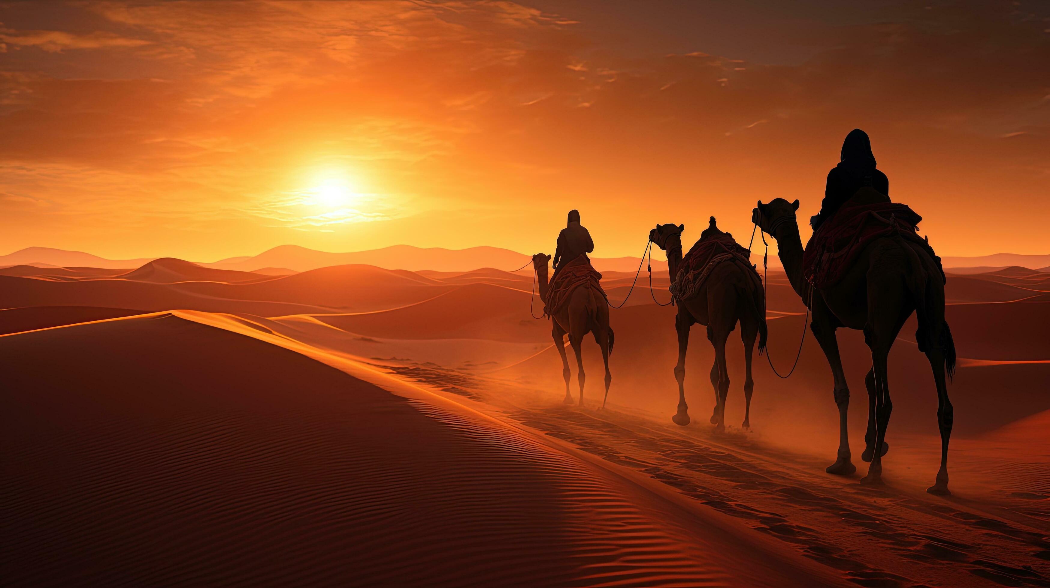 Passeio de camelo nas dunas de Merzouga ao entardecer com o Deserto do Saara ao fundo, Marrocos